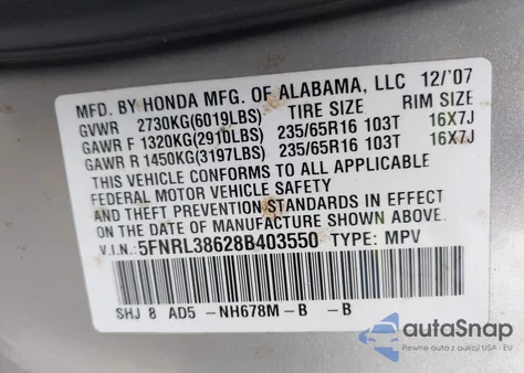2008 Honda Odyssey Ex-L z USA, uszkodzony, nr VIN 5FNRL38628B403550